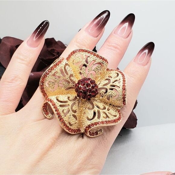 Brand New Gold With Red Flower Ring - Picture 1 of 4